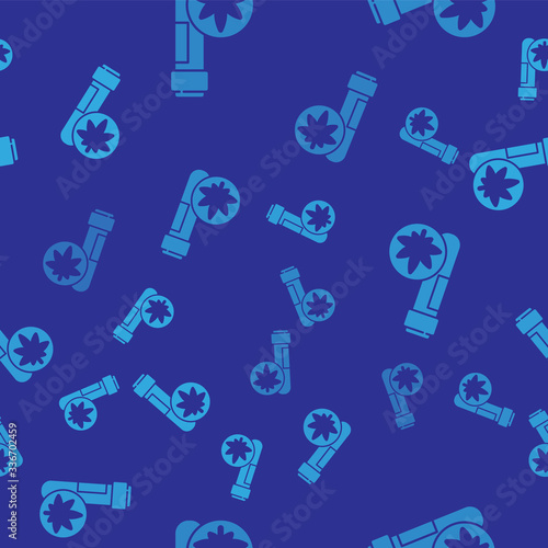 Blue Chemical test tube with marijuana or cannabis leaf icon isolated seamless pattern on blue background. Research concept. Laboratory CBD oil. Vector Illustration