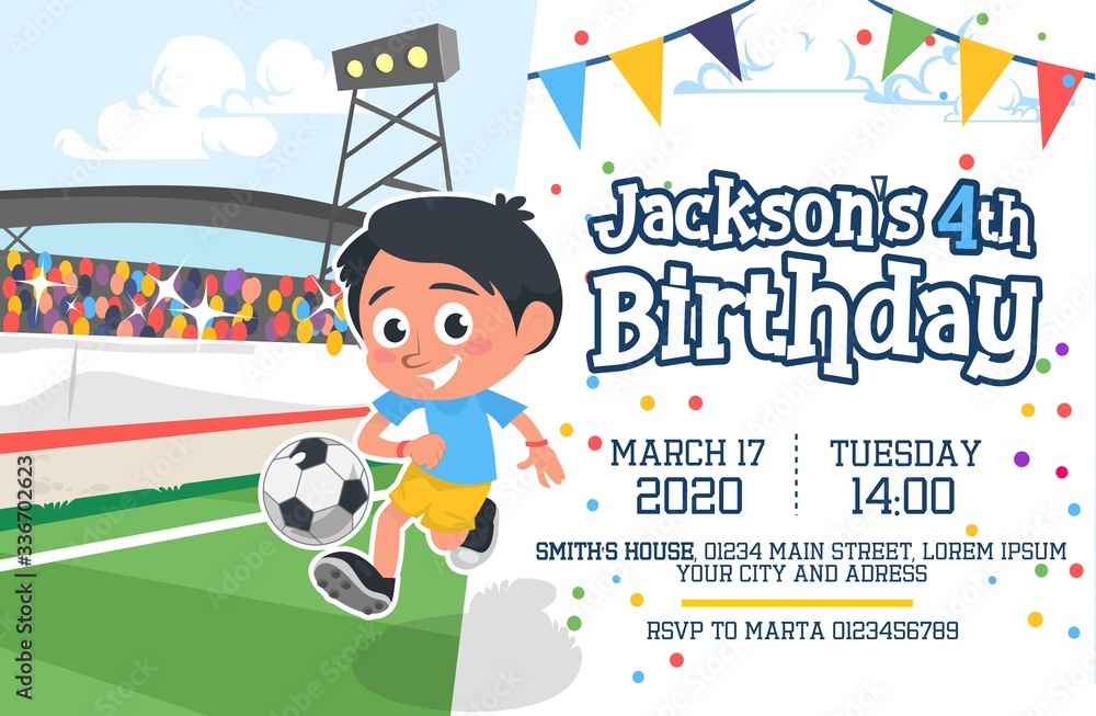 Cute happy birthday party invitation card vector illustration. Little cheerful boy kicking ball with fans behind cartoon design. Information about place and time of celebration Cute happy birthday party invitation card vector illustration. Little cheerful boy kicking ball with fans behind cartoon design. Information about place and time of celebration