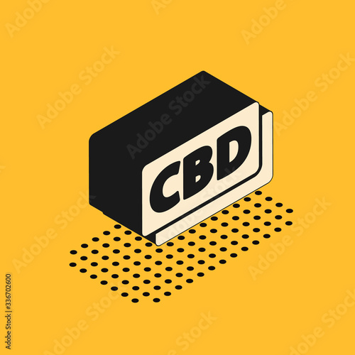 Isometric Cannabis molecule icon isolated on yellow background. Cannabidiol molecular structures, THC and CBD formula. Marijuana sign. Vector Illustration