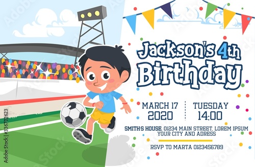 Cute happy birthday party invitation card vector illustration. Little cheerful boy kicking ball with fans behind cartoon design. Information about place and time of celebration