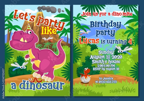 Dino party invitation template with decorations vector illustration. Lets party like dinosaur fun inscription cartoon design. Birthday festive celebration concept