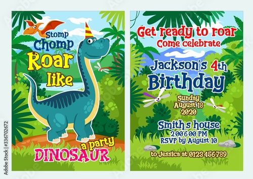 Invitation template for dinosaur fun celebration vector illustration. Bright tropical and green decoration with kind dino cartoon design. Stomp chomp roar like dinosaur. Joyful party concept