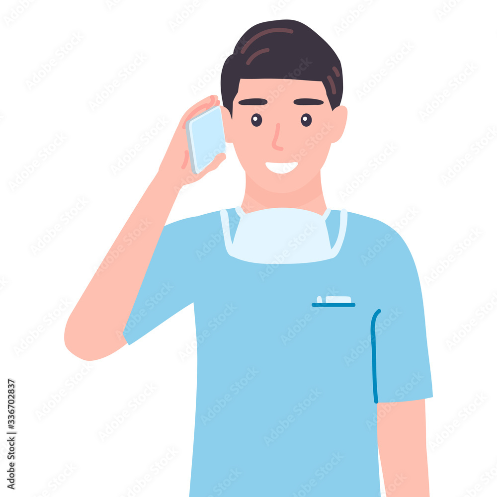 Surgeon talking on mobile phone. Doctor male personage communicating through smartphone