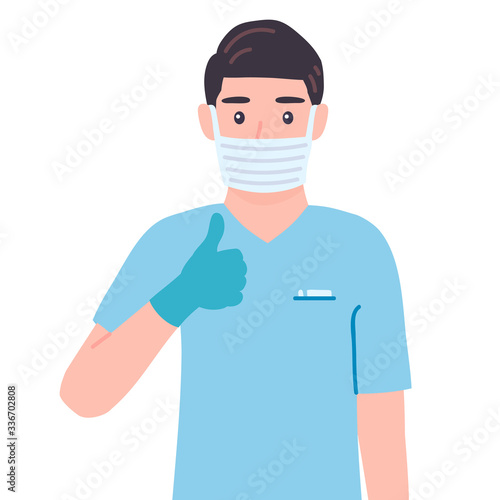 Surgeon showing thumbs up sign. Like, cool gesturing. Masked doctor male personage  agree