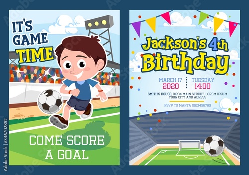 Football party invitation template with footballer vector illustration. Its game time come score goal cartoon design. Time and place for birthday celebration. Soccer concept