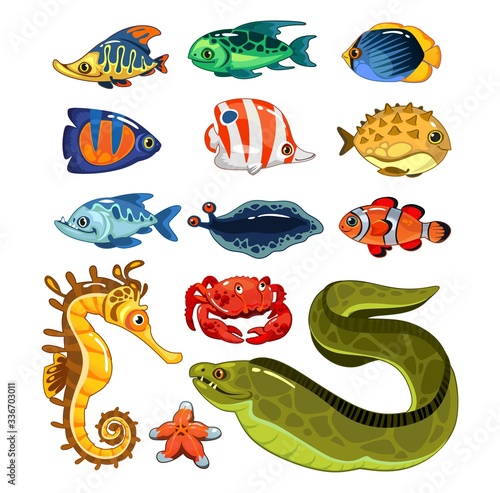 Exotic fishes characters in cartoon style set vector illustration. Various sea inhabitants cartoon design. Nemo, sea horse, starfish and crab. Underwater life concept. Isolated on white background