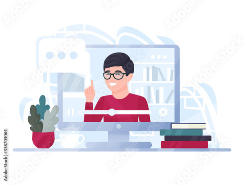 distance education concept. man on the computer screen teaches online courses, e-learning