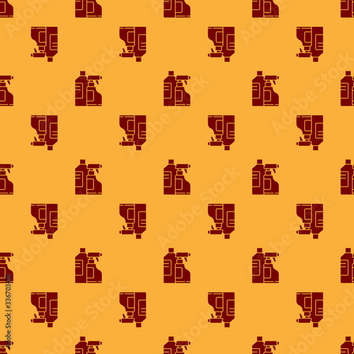Red Plastic bottles for laundry detergent, bleach, dishwashing liquid or another cleaning agent icon isolated seamless pattern on brown background. Vector Illustration