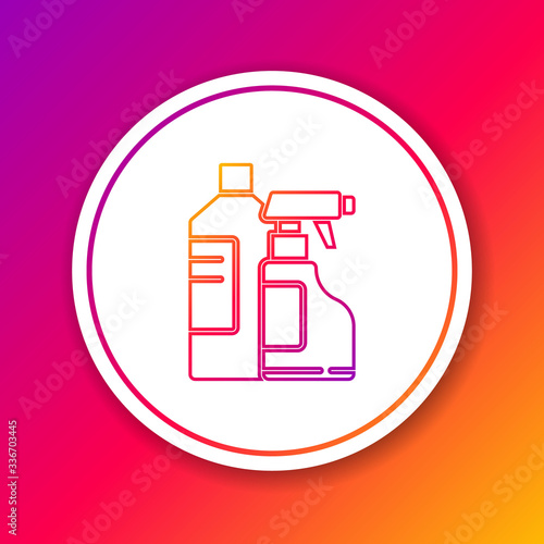 Color line Plastic bottles for laundry detergent, bleach, dishwashing liquid or another cleaning agent icon isolated on color background. Circle white button. Vector Illustration