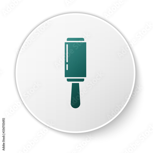 Green Adhesive roller for cleaning clothes icon isolated on white background. Getting rid of debris, dust, hair, fluff, pet wool. White circle button. Vector Illustration