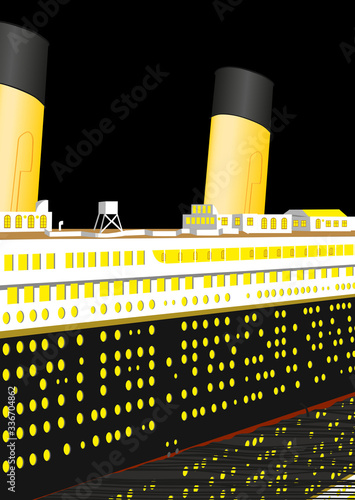 Side view, transatlantic sailing in the ocean at night. Big cruise transatlantic. Old big passengers ship. Detailed vintage famous sunken transatlantic. Titanic Vector illustration.