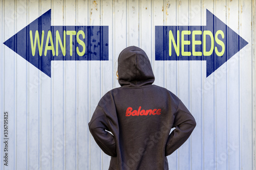 Junge Frau vor einem blauen Tor mit zwei Wegweisern und den Texten WANTS und NEEDS