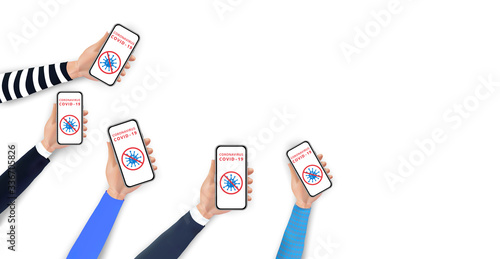 Stop coronavirus 2019-nCoV concept. Hands holding smartphone with coronavirus icon and red prohibit sign on screen. Social distancing by using mobile phone. Template design for web banners, posters