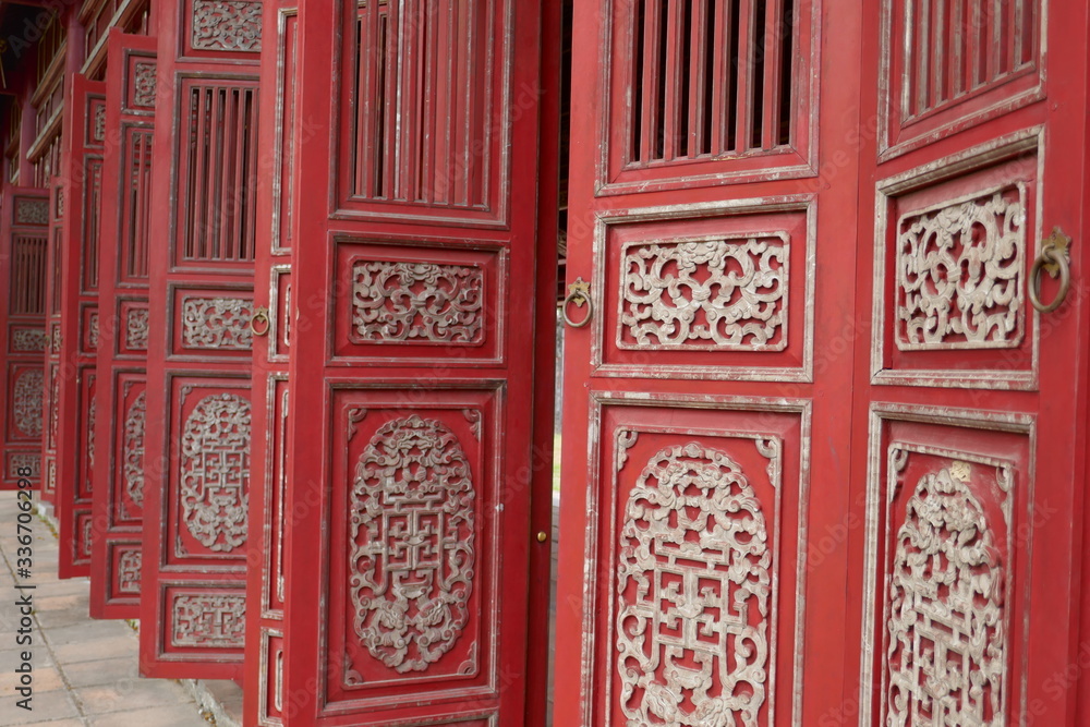 Red ancient Chinese wooden carved doors