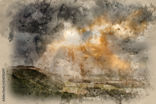 Digitally created watercolor painting of Stunning Summer landscape image of escarpment with dramatic storm clouds and sun beams streaming down