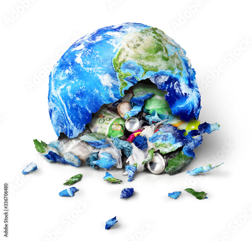 Fototapeta Naklejka Na Ścianę i Meble -  Global pollution concept. A planet broken to trash isolated on a white background