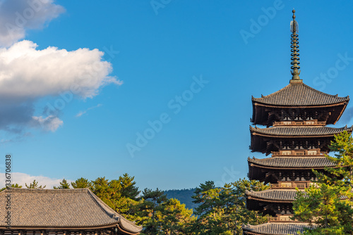 Five-storied pagoda inside the Kofuku-ji buddhist temple. one of the powerful Seven Great Temples in the city of Nara, Nara Prefecture, Japan photo