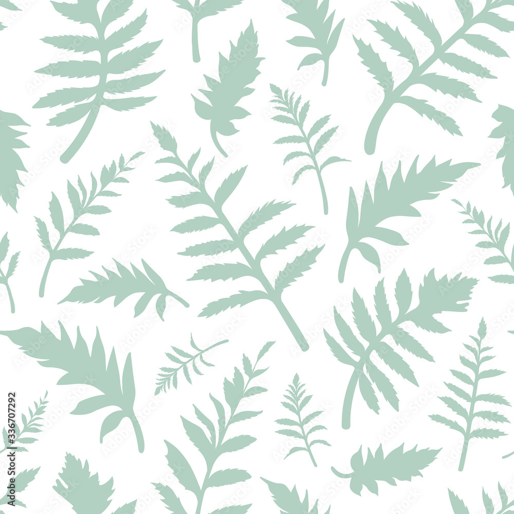 Seamless floral pattern with green leaves isolated on white background. Flat template. Seamless floral pattern with green leaves isolated on white background. Flat template.