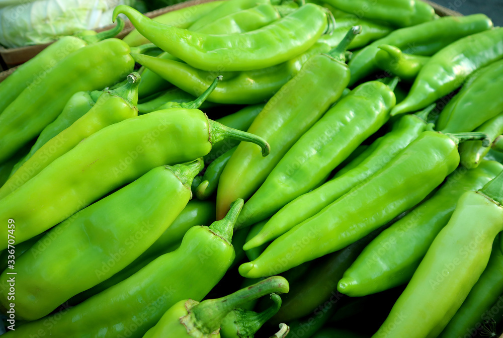 Heap of fresh green chili peppers for sale at the market Heap of fresh green chili peppers for sale at the market
