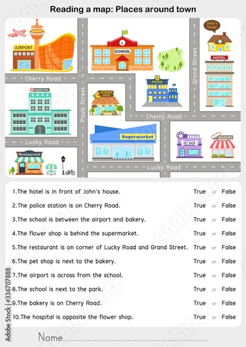Reading a map: Places around town - Giving direction - Worksheet for education.