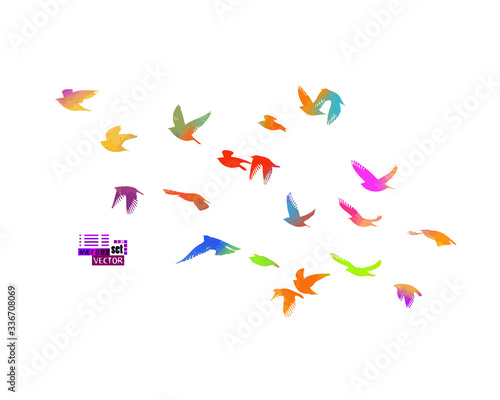 Multi-colored birds. A flock of flying rainbow birds. Mixed media. Vector illustration