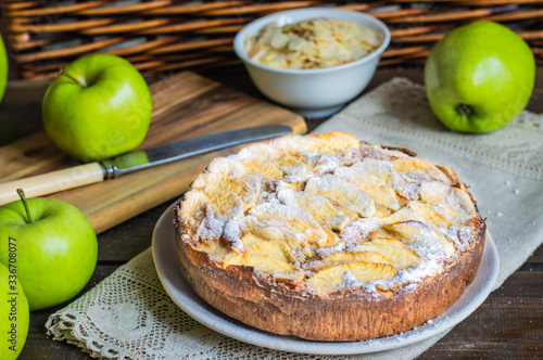 French apple pie with almond and green apples