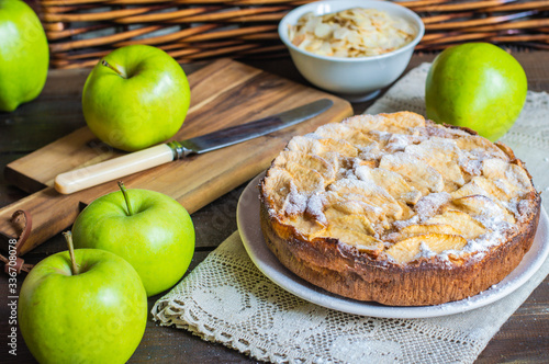 French apple pie with almond and green apples