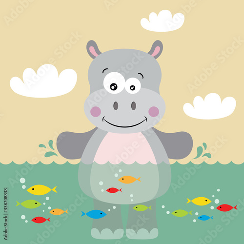 Illustration of cute hippo in water with fishes 