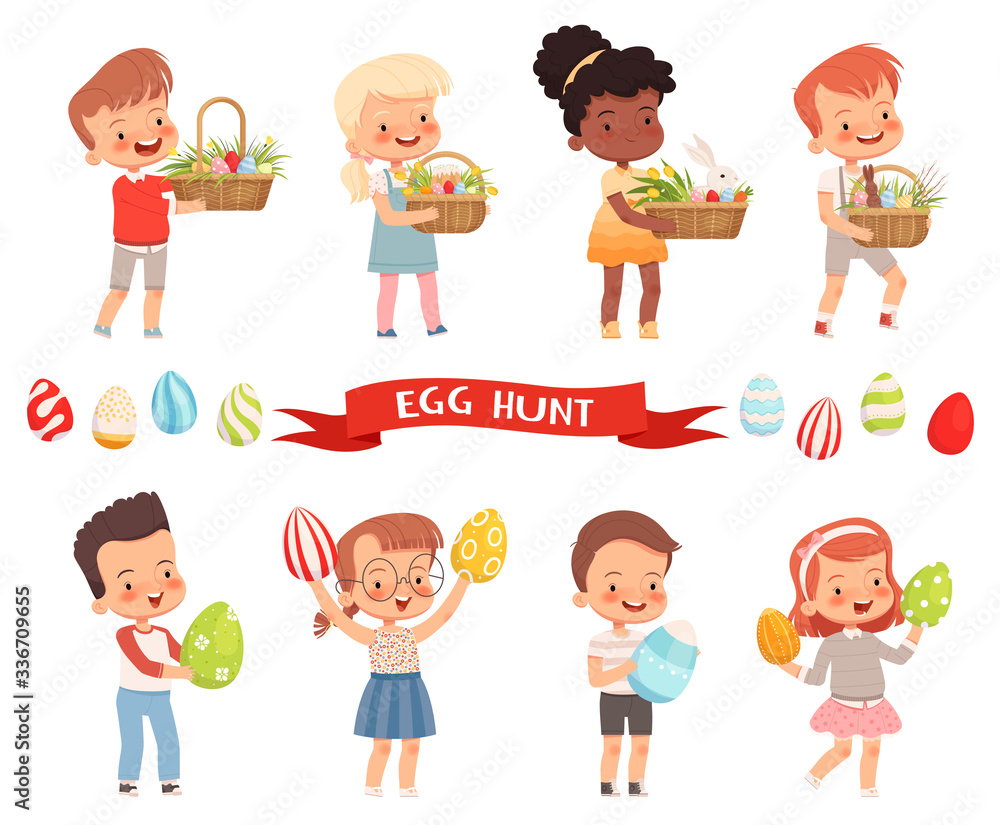 Joyful cute children carry Easter baskets and painted eggs for the holiday. Children's game egg hunt. Boys and girls congratulate on Easter Joyful cute children carry Easter baskets and painted eggs for the holiday. Children's game egg hunt. Boys and girls congratulate on Easter