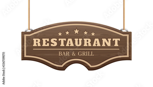 Restaurant signboard. Bar and grill. Curly wooden signboard hanging on the ropes. Vector illustration isolated on white
