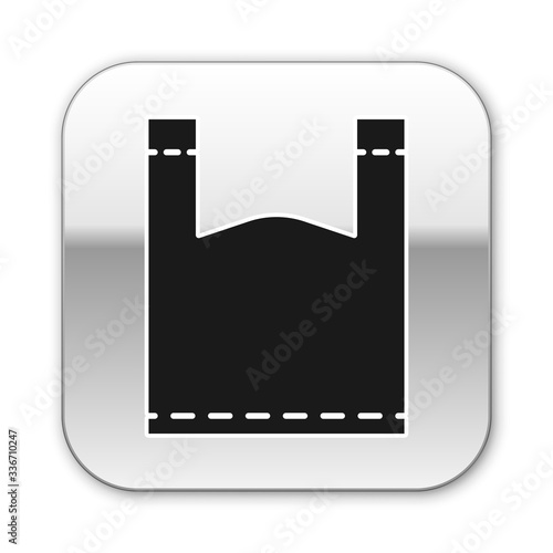 Black Plastic bag icon isolated on white background. Disposable cellophane and polythene package prohibition sign. Silver square button. Vector Illustration