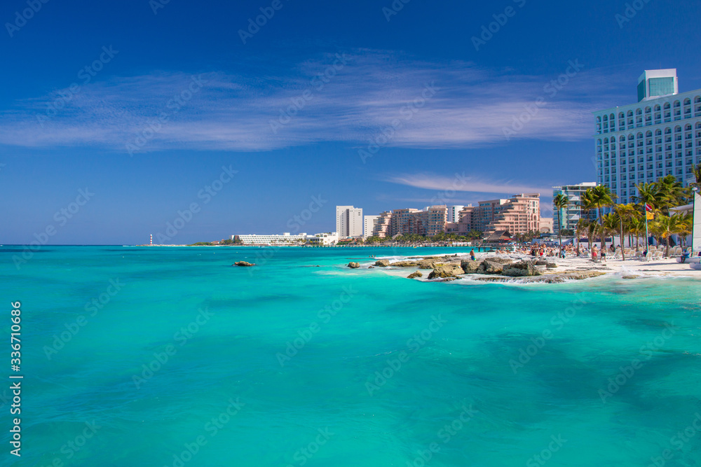 Playa Caracol Beach Panorama, in Cancun. Mexico. Perfect beach with beautiful Caribbean and white sand surrounded by hotels.