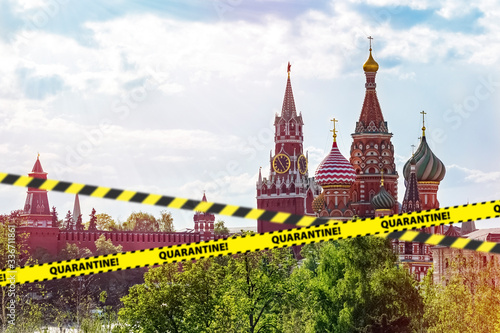 Barrier tape - quarantine  isolation  entry ban. Do not cross. View of the Kremlin city Moscow  Russia