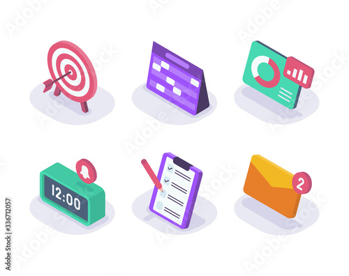 business set collection goals calendar graph time clipboard and envelope isometric icon with modern flat style color