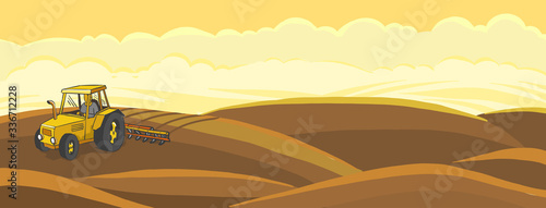 Tractor plows. Agricultural farming field landscape. Arable furrow. Plowed earth. Brown dirt. Spring soil. Copy space. Vector illustration.