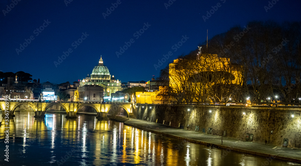Night Lights on the Tiber River in Rome, Italy