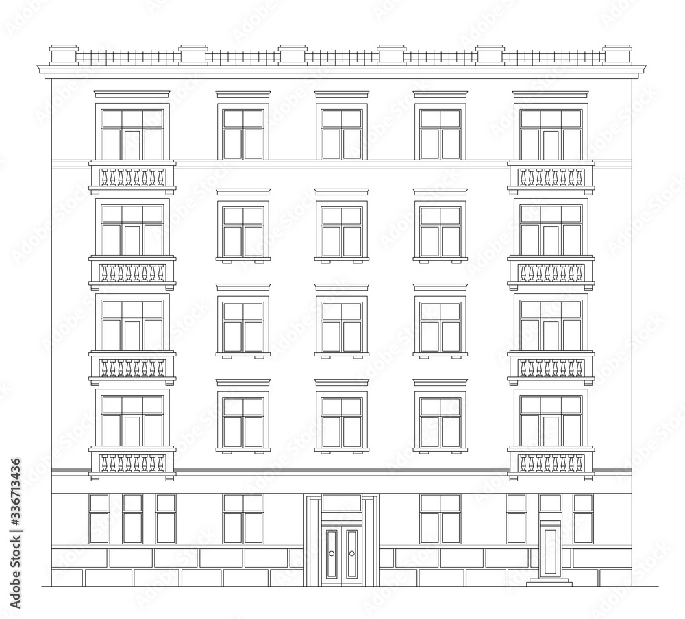 Old Building Facade. Front View. Technical Vector Illustration. Urban Architecture