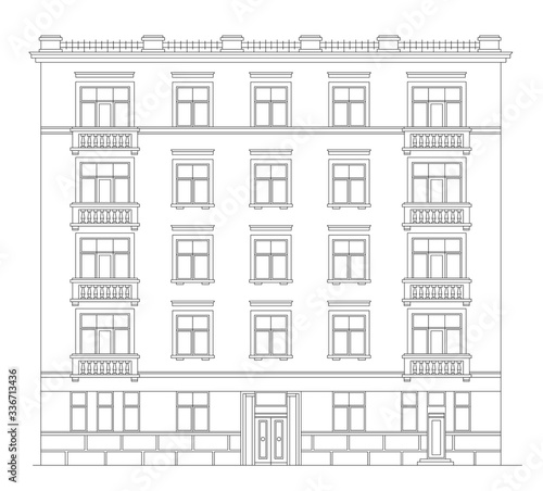 Old Building Facade. Front View. Technical Vector Illustration. Urban Architecture