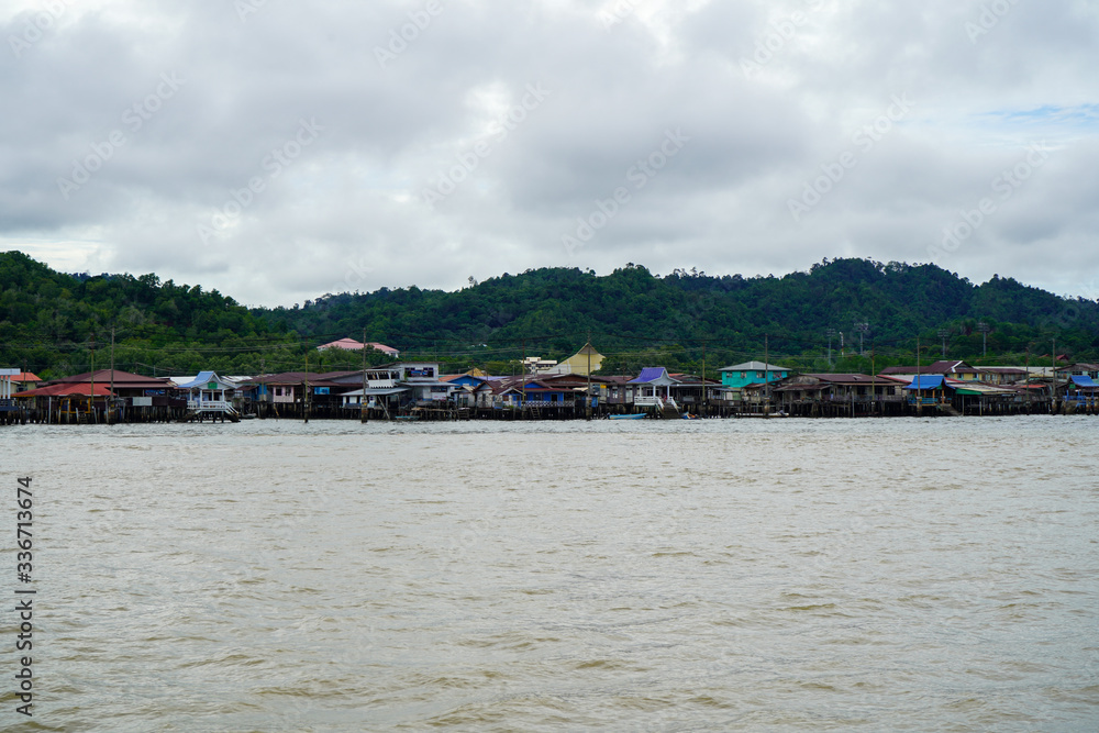 The Water Village of Bandar Seri Begawan in the background of Brunei river. November 2019