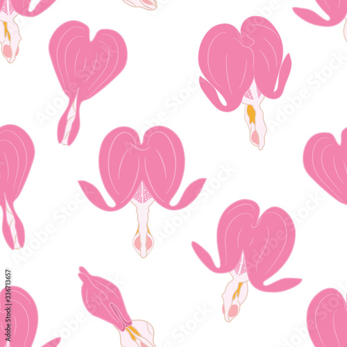 Cute doodle floral pattern. Asian bleeding heart flower in spring seamless pattern background. heart shaped pink and white flowers, lyre flower, heart flower and lady in a bath. Great for wallpaper 