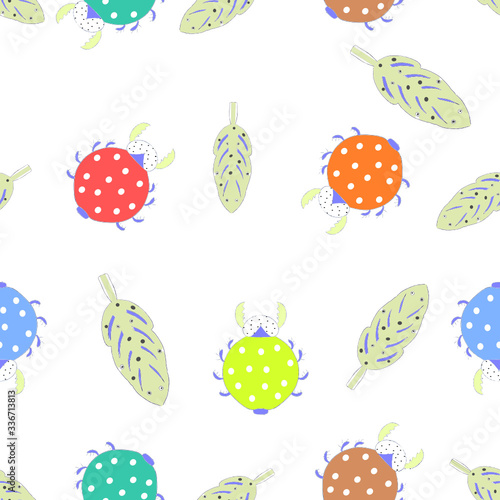 Cute bug and leaves seamless pattern 