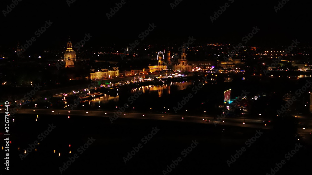 Aerial drone flight over the beautiful panorama of the old town Dresden 