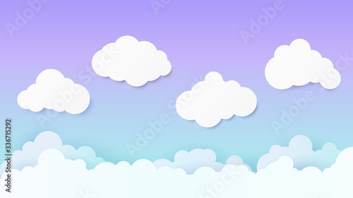 Paper art with cloud on sky background. Copy space. Speech Bubble with white blank hanging.