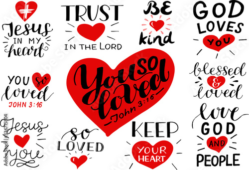 Logo set with Bible verse and christian quotes You so loved, Trust in the Lord, Be kind, Jesus in my heart