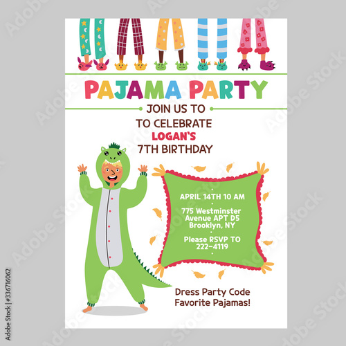 Pajama kids party invitation. Baby's birthday invite. One-sided invitation form with a boy wearing Kigurumi dinosaur pajamas. Children's pajama slippers. Vector
