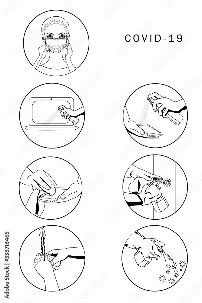 Outline icons on the theme of behavior during a virus outbreak. Disinfection and precautions. Vector