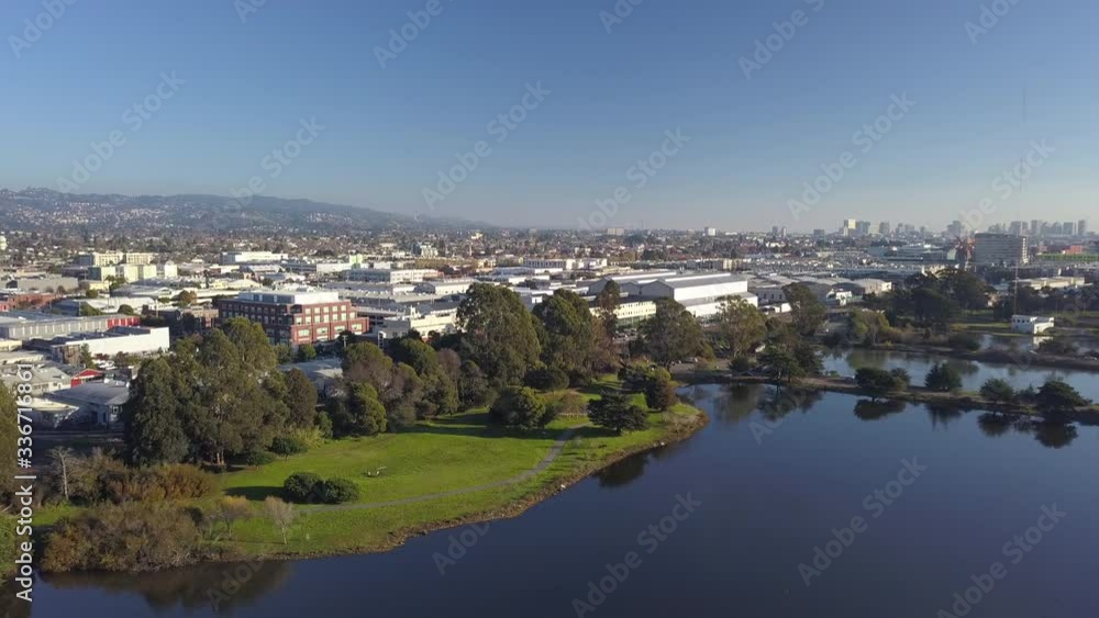 Aerial drone shot over the aquatic park in front of Berkeley in San Francisco. Aerial drone shot over the aquatic park in front of Berkeley in San Francisco.