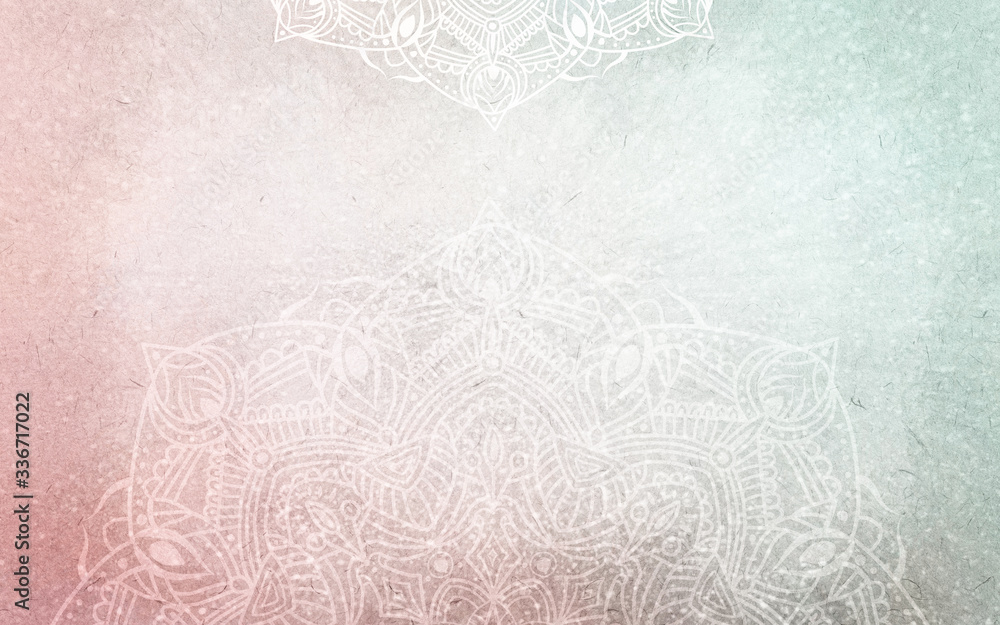 Fototapeta Soft coral and teal textured watercolor background with mandalas