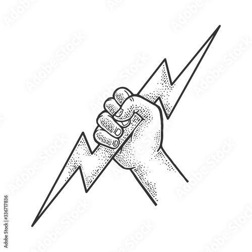 hand of god zeus with lightning sketch engraving vector illustration. T-shirt apparel print design. Scratch board imitation. Black and white hand drawn image.