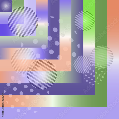Abstract geometric background of multilayer square and round shapes in pastel blue coral pink color gradient.